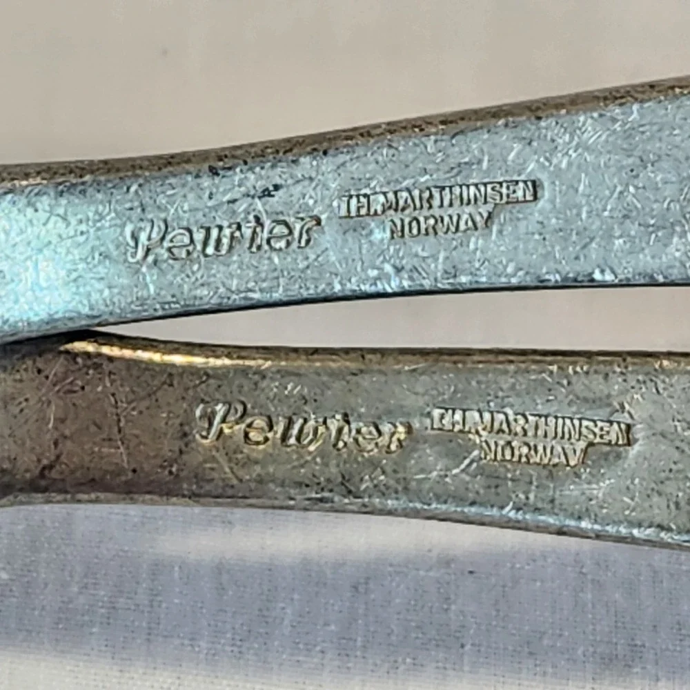 VTG TH Marthinsen Norway Salad Servers Spoon Spork Pewter Norwegian Leaf Design‎